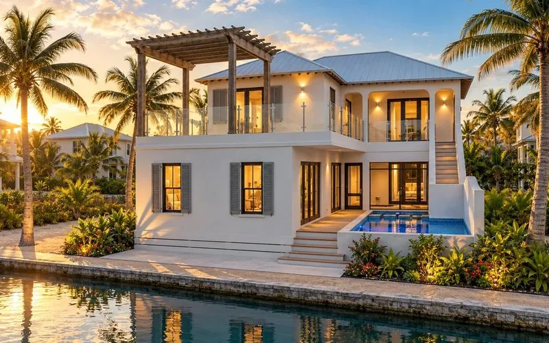 Rendering of a two-story canal-front home with pool and rooftop pergola at golden hour, San Pedro, Belize