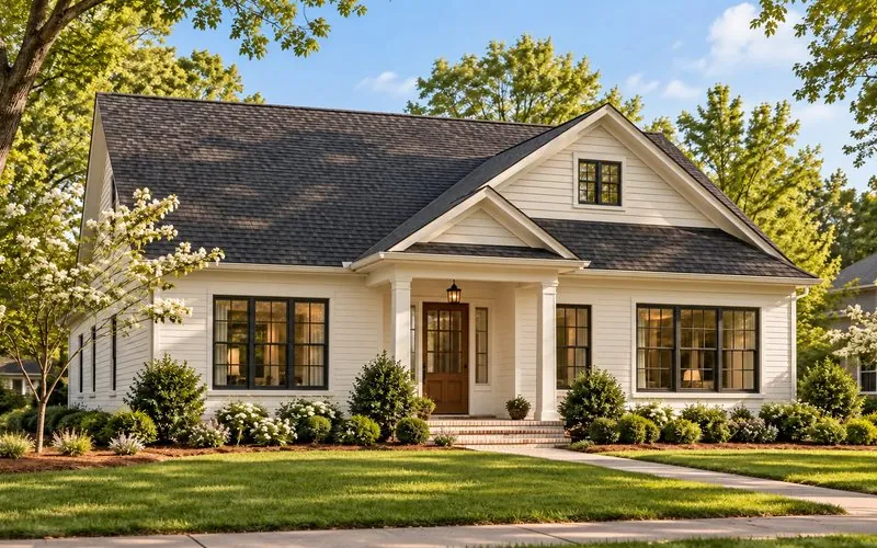 Rendering of The Charleston, a single-story white cottage with a covered front porch