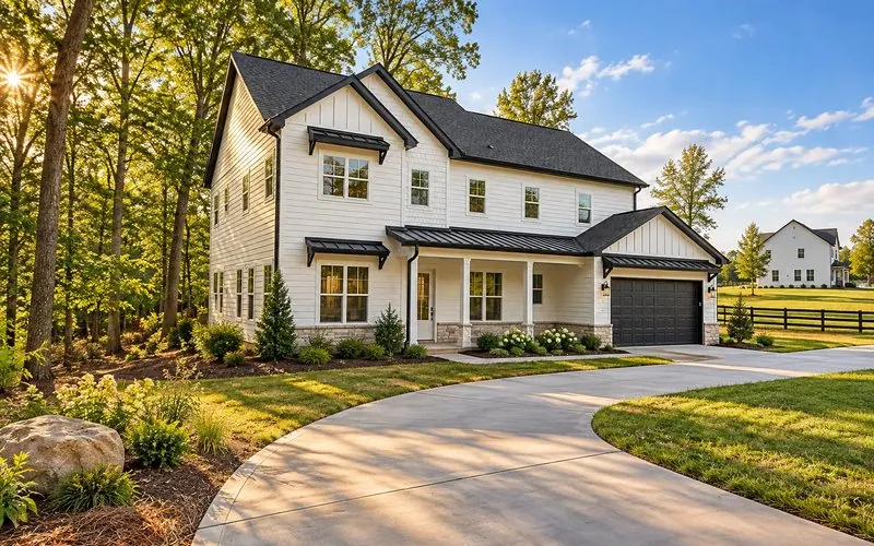 Rendering of The Chestnut, a two-story white farmhouse with a covered front porch and two-car garage