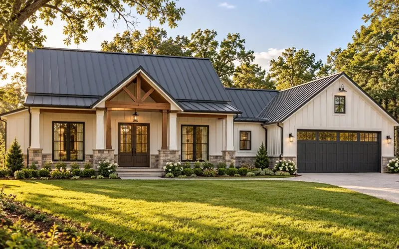 Rendering of The Destiny, a single-story modern farmhouse with a timber-framed porch and two-car garage