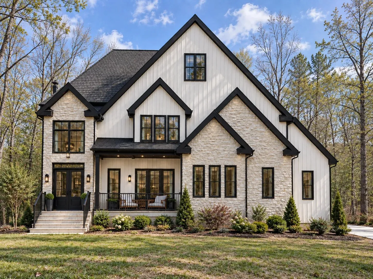 Rendering of 7656 Juniper Lane, a two-story board-and-batten and stone home with a covered front porch
