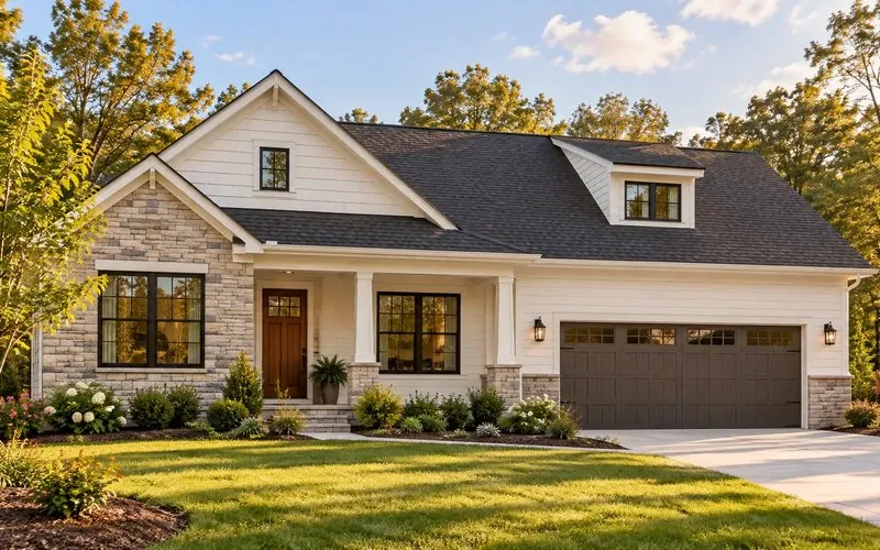 Rendering of The Kiser, a single-story home with stone accents, covered porch and two-car garage