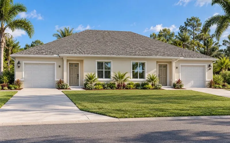 Rendering of a single-story stucco duplex with two garages, Port Charlotte