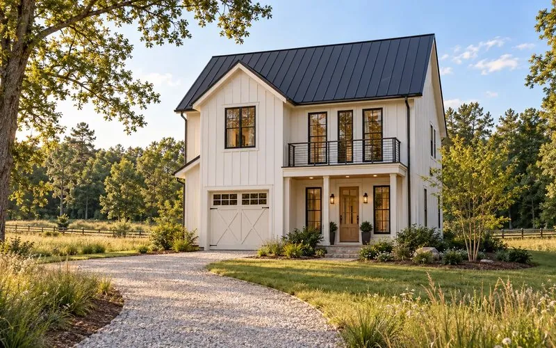 Rendering of The Sam Wilson, a two-story white board-and-batten farmhouse with a metal roof